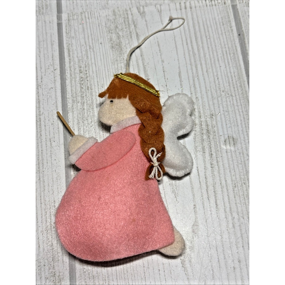 Vintage Handmade Felt ANGEL Christmas Ornament Pink and white